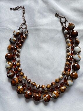 Multistrand Brown and Light Blue Turquoise Beaded Necklace and Earrings
